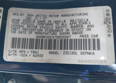 2007 Toyota Corolla Le из США, поврежденный, VIN 1NXBR32E37Z855587